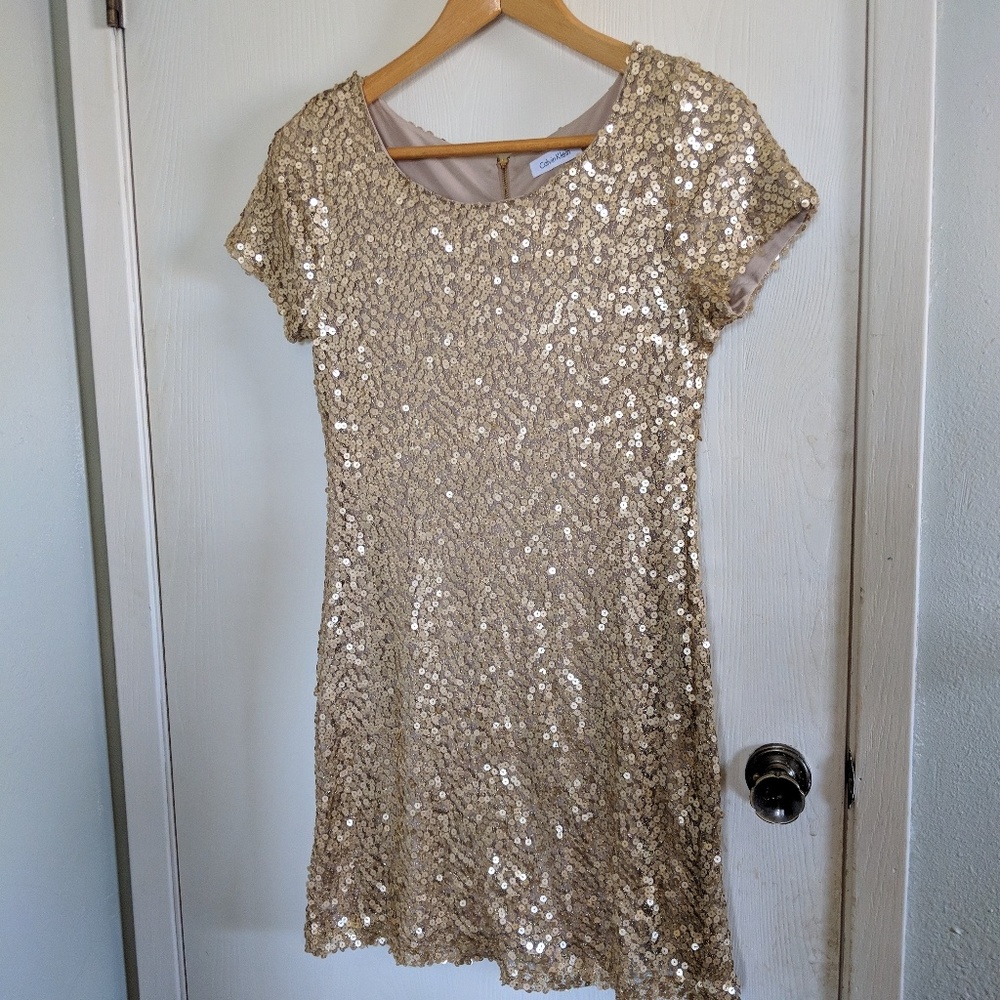 Gold sequin shift dress